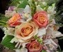 Miss Piggy & Peach Avalanche Roses, Ixia, Hosta Leaves and Fountain Grass Bridal posy