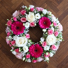 Pink and white funeral Wreath Tribute